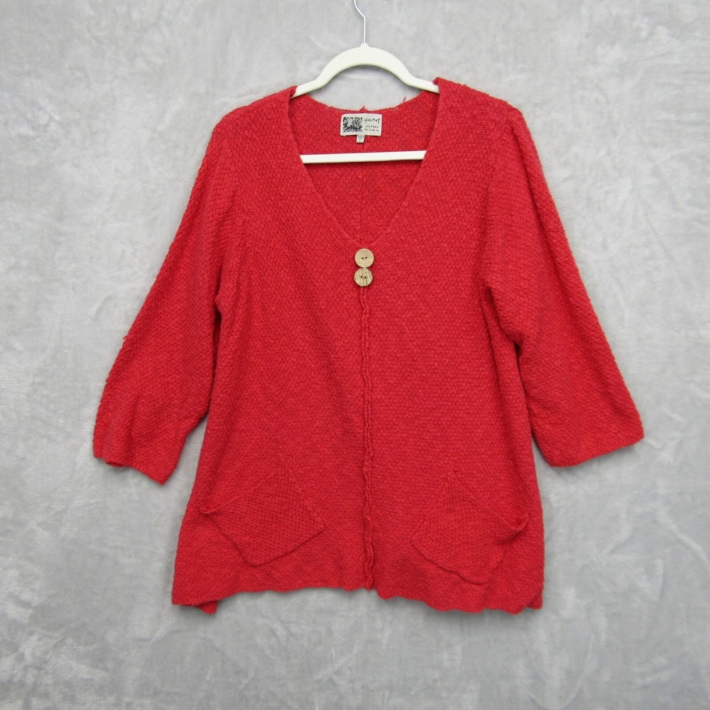 Habitat Red Sweater Tunic Cotton Linen Women's Large Buttons Lagenlook Holiday